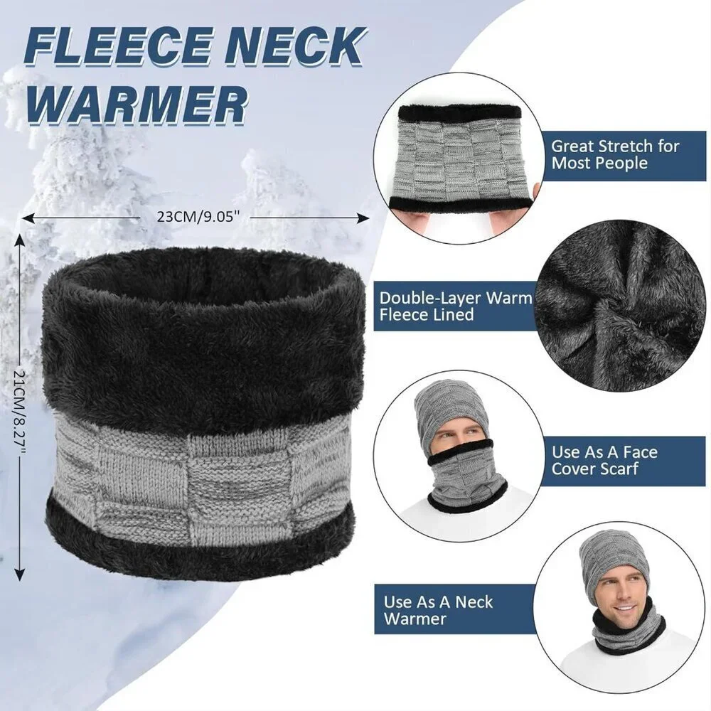 Men's Grey Winter Warm Knit Skull Cap Neck Warmer Fleece Lined Hats Scarf Set